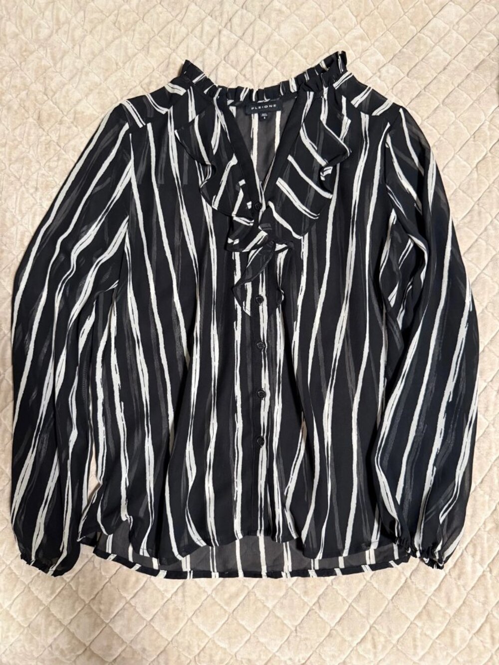 Pleione Black & White Brushstroke Stripe Sheer Ruffle Collar Blouse S